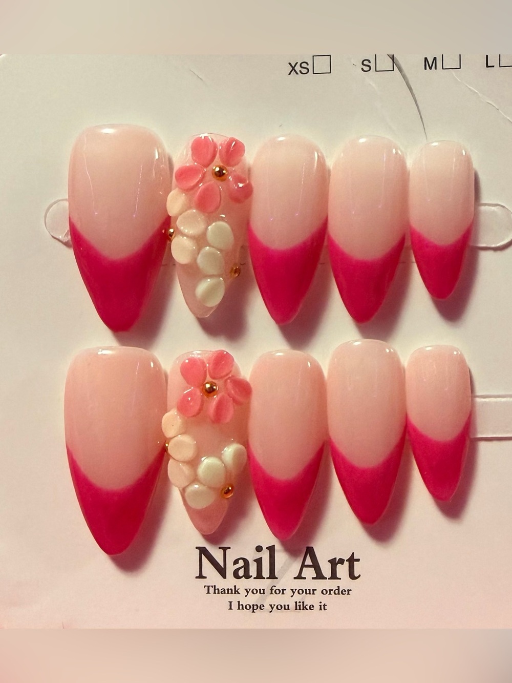 Pink French Tip Press-On Nail Set with Floral Accent - Women Makeup